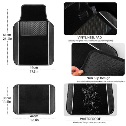 NBTEPEM Microfiber Steering Wheel Cover and Waterproof Car Floor Mats, Universal Fit Most Truck, SUV, Cars, 14.5-15inch Sporty Steering Wheel Covers with Anti-Slip Lining (Black with White line)