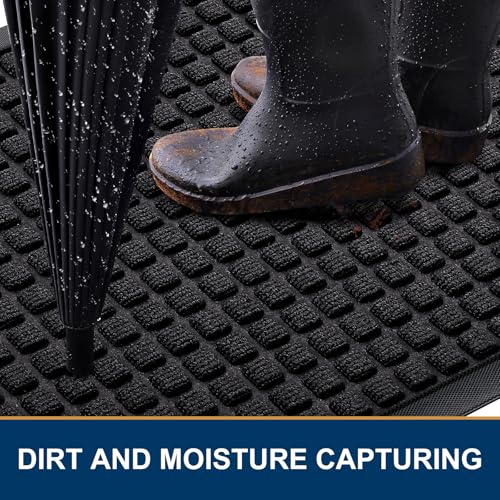Smiry Front Door Mat Outside Entrance, Heavy Duty Natural Rubber Doormat, Non Slip, Trap Dirt and Moisture, Easy Clean, Low Profile Welcome Floor Mats for Indoor Outdoor Entry, 47x32 Inch, Black