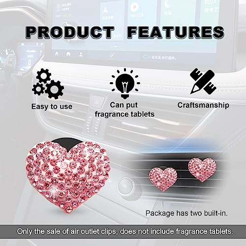 2Pcs Bling Crystal Heart Charms Car Vent Clips - Air Conditioning Outlet Decorative Accessories for Women and Men (Pink)