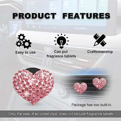 2Pcs Bling Crystal Heart Charms Car Vent Clips - Air Conditioning Outlet Decorative Accessories for Women and Men (Pink)