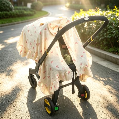 Baby Car Seat Cover for Girls,100% Muslin Cotton Breathable Infant Car Seat Canopy with Cute Bow & Elegant Ruffle, 360° Privacy Nursing Cover, Stroller Cover Protection from Sunlight Dust - color: Bow