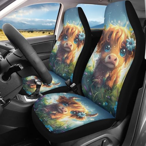 INSTANTARTS Cute Highland Cow Car Seat Covers Full Set of 2 Vehicle Protector Front Seats Covers Stretchy Washable Car Accessories Bucket Seat Cover - color: Cute Highland Cow