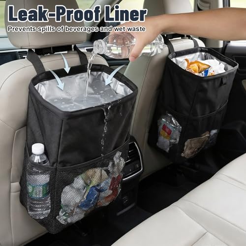 3.5 Gallon Leak-Proof Car Trash Can with Hook and Loop Lid and Handle, Waterproof Portable Hanging Auto Garbage Bag, Large Capacity Waste Bin for SUV, Truck, RV, Camping & Office (Black)