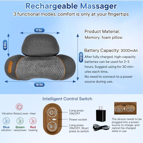 Electric Neck Massager Pillow for Pain Relief Deep Tissue, 3-in-1 Rechargeable Neck Cervical Traction Device with Heat, Massage, Electric Stretch, Ergonomic Neck Shoulder Relaxer