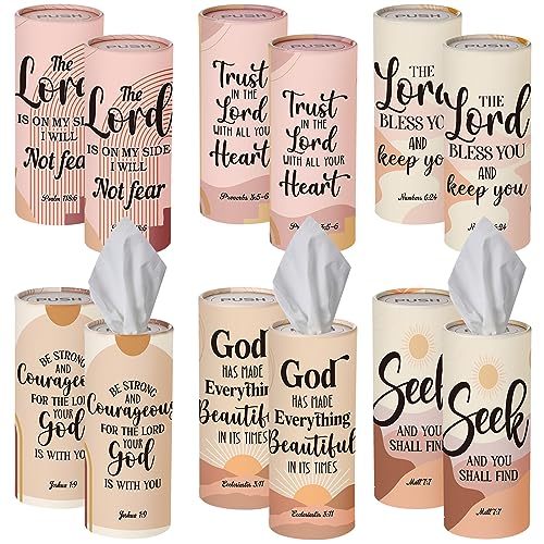 Outus 12 Pack Christian Car Tissues Cylinder Holder with Facial Tissue Bulk Round Bible Verses Napkins Container for Car Home Travel Prayer Church Gifts, 6 Designs - style: Christian