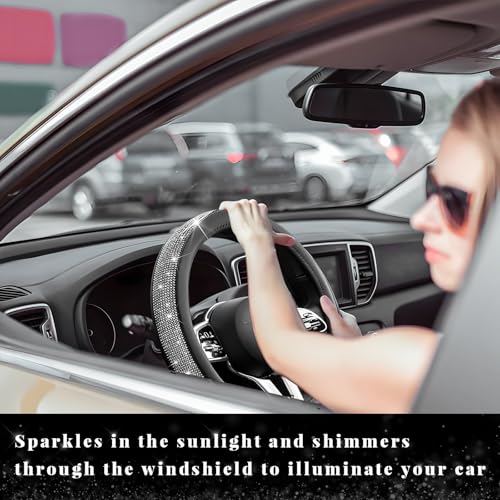 Diamond Leather Steering Wheel Cover, 15 Inch Bling Crystal Rhinestone Anti-Slip Wheel Protector, Universal Sparkling Elegant Diamond Steering Wheels Cover for Women Girl (Black) - color: Black