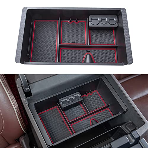 Compatible with Chevy Silverado/GMC Sierra 2014-2018 and Chevy Tahoe Suburban/GMC Yukon 2015-2020 Center Console Organizer Tray Accessories-Full Console w/Bucket Seats ONLY - (Red Trim) - color: Half-size tray with red trim