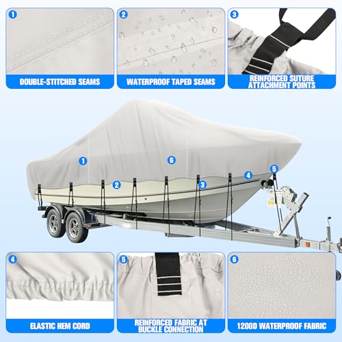 Center Console Boat Cover 20-22ft, 1200D Waterproof Boat Cover with Motor Cover, Trailerable Boat Cover for Center Console Boat, Heavy Duty Marine Grade UV Resistant Polyester Fabric, Gray