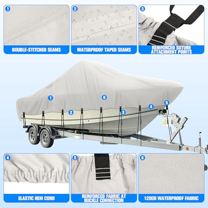 Center Console Boat Cover 20-22ft, 1200D Waterproof Boat Cover with Motor Cover, Trailerable Boat Cover for Center Console Boat, Heavy Duty Marine Grade UV Resistant Polyester Fabric, Gray