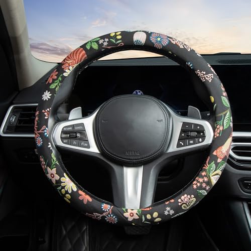 Black Cat Flower Steering Wheel Cover Auto Jacquard Steering Wheel Protector, Anti-Slip, Breathable, Absorbing Sweat, Universal Cat Car Accessories 14.5–15 inch,Fit for Most Car, Trucks, SUV - style: Black Cat Flower JQ