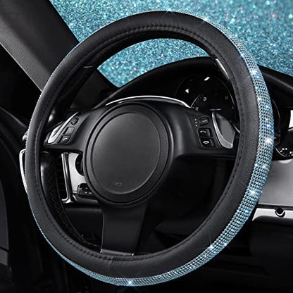 CAR PASS Mint Diamond Black Leather Steering Wheel Cover, Bling Blue Crystal Rhinestones Universal Fit 14"1/2-15" Crystal Glitter for Women Sparkle Girl Fit Suvs,Vans,Sedans,Cars,Trucks, Mint Diamond - color: Mint Diamond