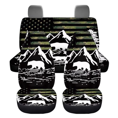 Dreaweet Car Seat Covers Full Set American Flag Mountains Bear Design Seat Covers for Truck SUV Cars with Steering Wheel Cover/Armrest Cover/Seatbelt Covers/Car Coasters/Gear Shift Cover,12 Pcs Set - color: American Flag Mountains Bear
