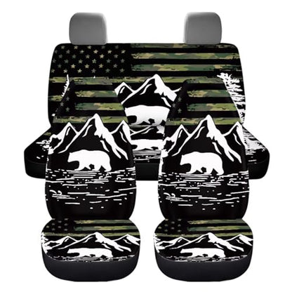 Dreaweet Car Seat Covers Full Set American Flag Mountains Bear Design Seat Covers for Truck SUV Cars with Steering Wheel Cover/Armrest Cover/Seatbelt Covers/Car Coasters/Gear Shift Cover,12 Pcs Set - color: American Flag Mountains Bear