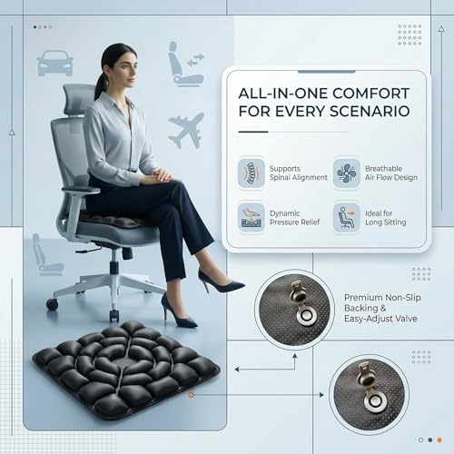Inflatable Seat Cushion, Donut Cushion for Office Chair, Car & Wheelchair, Ergonomic Pressure Relief for Tailbone & Sciatica, Adjustable Firmness, Non-Slip Seat Pad for Long Sitting - color: Dark Black