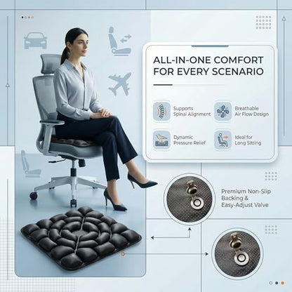 Inflatable Seat Cushion, Donut Cushion for Office Chair, Car & Wheelchair, Ergonomic Pressure Relief for Tailbone & Sciatica, Adjustable Firmness, Non-Slip Seat Pad for Long Sitting - color: Dark Black
