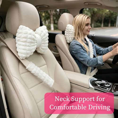 Bak Bo 4 Pack Car Neck Pillow with Seat Belt Covers, White Bow Car Headrest Pillow, Cute Girl Butterfly Shaped Car Seat Decoration Accessory for Driving Travel JZ-WT4