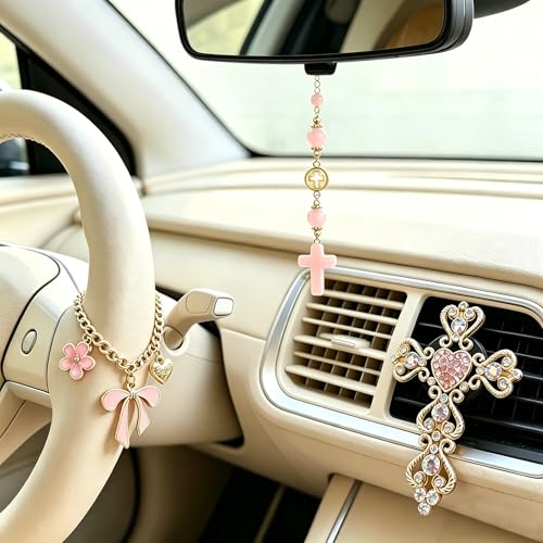 3 Pcs Christian Car Accessories for Women - Rear View Mirror Cross, Steering Wheel Rosary Charm & Air Vent Clip - Cute Girly Bling Car Decor (Pink)