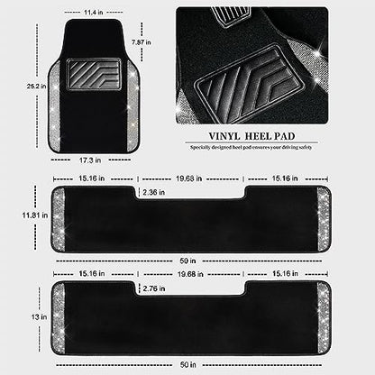 CAR PASS 3 Row Bling Diamond Car Mats Shining Carpet Rhinestones Sparkly Glitter Floor Mats Anti-Slip PVC Heel Pad Universal for Automotive SUV,Sedan,Van, 3rd Row 2 Rear for Girl Women, Black Silver - color: Black White