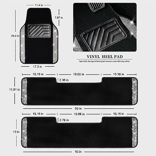 CAR PASS 3 Row Bling Diamond Car Mats Shining Carpet Rhinestones Sparkly Glitter Floor Mats Anti-Slip PVC Heel Pad Universal for Automotive SUV,Sedan,Van, 3rd Row 2 Rear for Girl Women, Black Silver - color: Black White