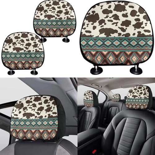 Horeset Southwest Aztec Geometric Cow Print Auto Seat Cover with Headrest Cover,Cup Coasters,Handbrake Cover,Gear Shift Caover and Lanyaeds Key Chain Fit Most Cars for Women Men(11-Piece) - color: Southwest Aztec Geometric Cow Print