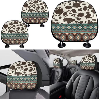 Horeset Southwest Aztec Geometric Cow Print Auto Seat Cover with Headrest Cover,Cup Coasters,Handbrake Cover,Gear Shift Caover and Lanyaeds Key Chain Fit Most Cars for Women Men(11-Piece) - color: Southwest Aztec Geometric Cow Print