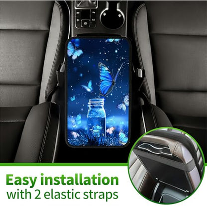 Universal Auto Center Console Pad and 2Pcs Car Coasters Set, Anti Slip Soft Neoprene Car Armrest Seat Box Cover Protector Universal Fit - Car Interior Accessories, Blue Butterfly - color: 511