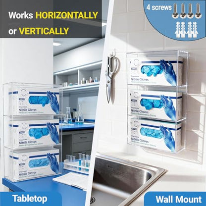 Triple Glove Box Holder Wall Mount, 3 Compartments Clear Acrylic Rubber Nitrile Gloves Dispenser for Lab, Hospital, Kitchen - Side-Loading - Mounting Hardware Included -10 x 3.5 x 16.4 IN - size: Triple