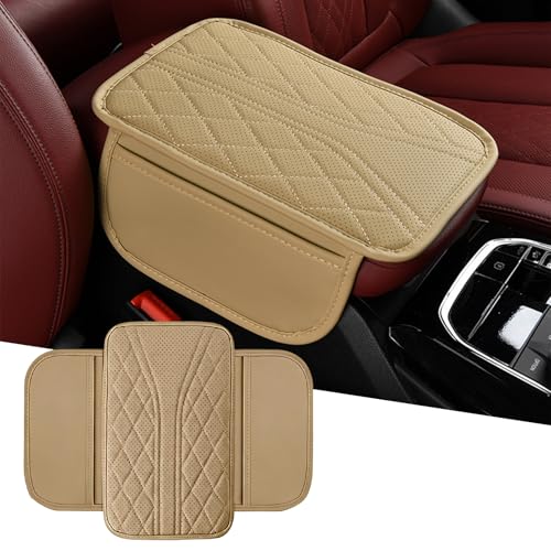 Upgraded Car Center Console Cover, Leather Auto Armrest Cover with 2 Storage Bags, Waterproof Center Console Protective Pad, Universal Cars Armrest Storage Box for Sedan, SUV, Truck (Beige) - color: Beige