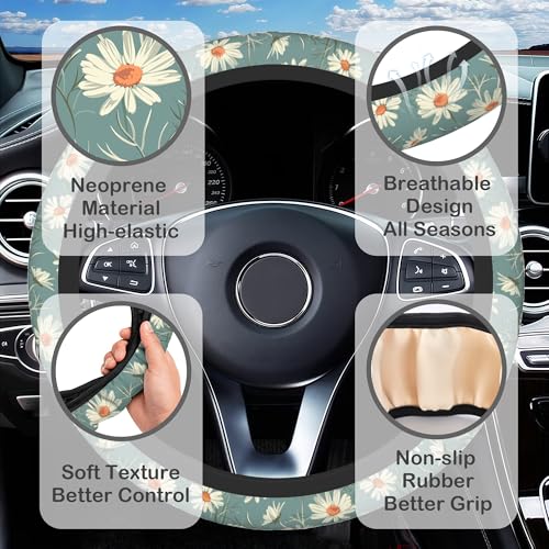 White Daisy Steering Wheel Cover with 2 Pcs Car Coasters Neoprene Steering Wheel Cover for Women Men Anti-Slip Breathable Car Accessories Universal 15 Inch Fit Auto Cars Trucks - color: White Daisy