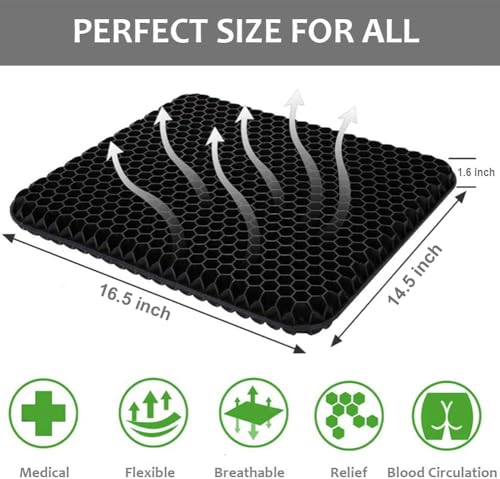 Gel Seat Cushion for Long Sitting Pressure Relief - Wheelchair Cushions for Pressure Sores - Coccyx, Sciatica & Tailbone Pain Relief Cushion - Non-Slip Butt Pillow for Office, Home, Car (Black)