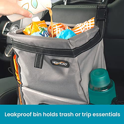 High Road Car Organizer with Car Trash Bin and Tissue Holder - Holds Full Size Tissue Box, Bottles and Wipe Containers - 2 Gal Leakproof Covered Trash Can with Push-Close Lid - color: Gray