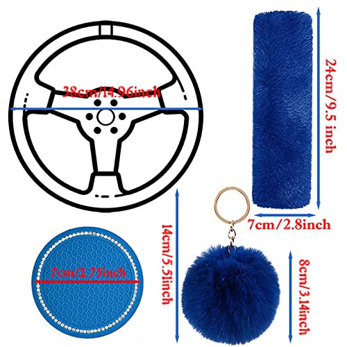 Cute Fluffy Steering Wheel Cover Set for Women, YUNXNYC 1 Set 8 Pieces Fluffy Car Accessories Set Soft Fuzz Handbrake Cover Gear Shift Cover Fur Seat Belt Shoulder Pads Furry Ball Key Chain (Blue) - color: Blue