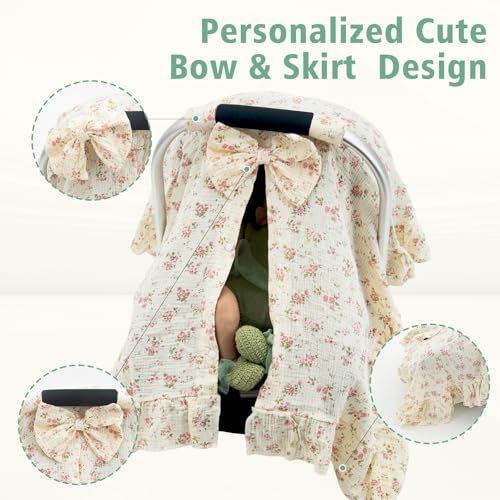Muslin Baby Car Seat Cover, Handmade Infant Car Seat Cover with Cute Bow & Ruffle Hem Design, Multi-Use Carseat Canopy for Privacy Nursing, Summer Baby Carrier Cover Stroller Sun Protector - color: Flower