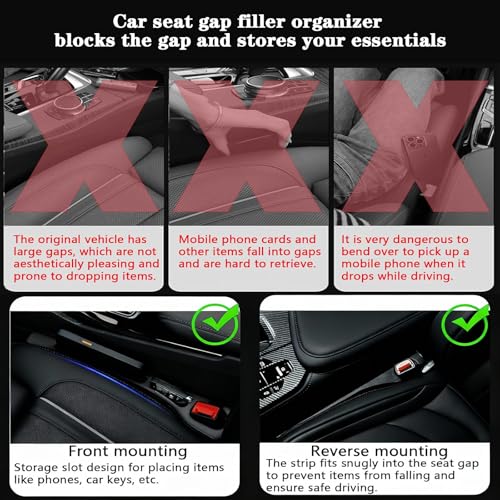 Car Seat Gap Filler Organizer of 2 – Universal Car Gap Seat Filler with Storage Pockets, No Drop Seat Guard for Phones, Keys & Cards, Car Accessories for Most Cars Trucks SUVs (Black)