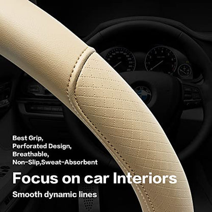 Microfiber Leather Steering Wheel Cover with Classic Embossing, Anti-Slip Breathable Auto Car Wheel Protector, Fit 15 Inch (Beige) - color: Beige