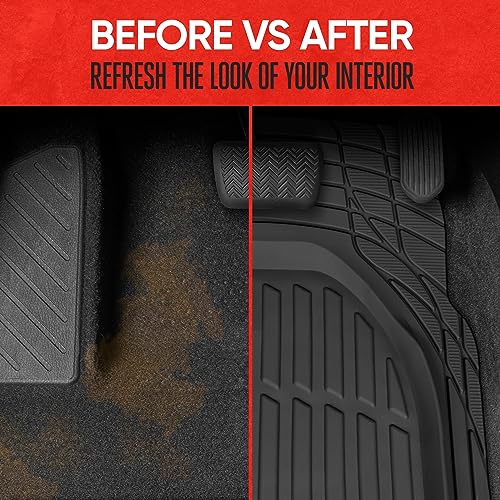 Motor Trend Original FlexTough Black Rubber Car Floor Mats for 3 Row Vehicles, Front & Rear 2nd Row Deep Dish All Weather Automotive Heavy Duty Trim to Fit, Automotive Liners for Cars Truck Van SUV