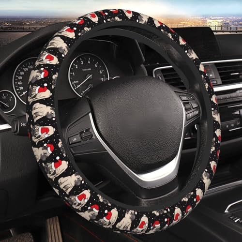 Christmas Pug Cute Dog Black and White Puppy Pug Snowflakes Car Steering Wheel Cover,Non-Slip Elastic Neoprene-Sweat Car Accessories,Universal 15 Inch Fit Auto, Vans Trucks,Suvs, Truck - color: Pug Snowflakes