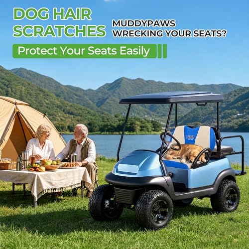 10L0L Golf Cart Seat Covers, Super Comfort Cooler Than Vinyl Seat Cover, Front and Rear Seat Cover for Yamaha EZGO Club Car, No Drilling Breathable Mesh Bench Seat Blanket, Machine Washable - color: Beige + Blue, style: Front Seat - For Yamaha & Club Car