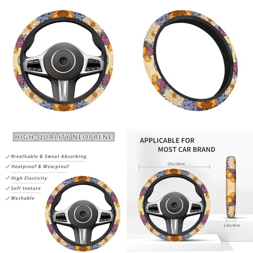 Yellow Chrysanthemum Print Car Steering Wheel Cover Sets Cup Holder Handbrake Gear Cover Armrest Cover Car Interior Accessories -6pcs - color: Chrysanthemum