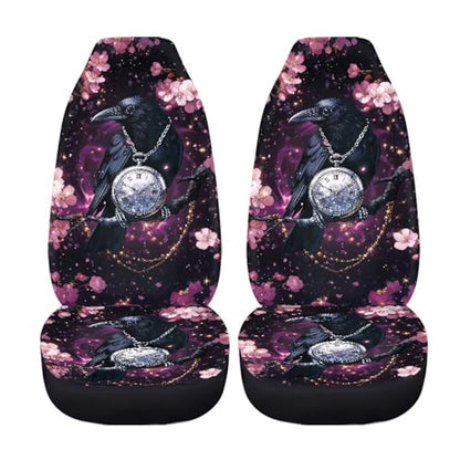 Crow Cherry Blossom Clock Print Universal Car Seat Covers Full Set of 2, Non-Fading Auto Front Bucket Seats Protector Washable Bucket Seat Covers Fit for SUV, Van, Truck, Sedan - color: Crow Cherry Blossom Clock