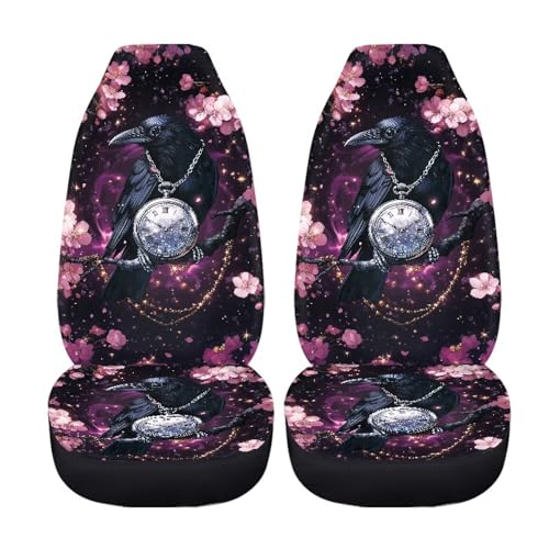 Crow Cherry Blossom Clock Print Universal Car Seat Covers Full Set of 2, Non-Fading Auto Front Bucket Seats Protector Washable Bucket Seat Covers Fit for SUV, Van, Truck, Sedan - color: Crow Cherry Blossom Clock