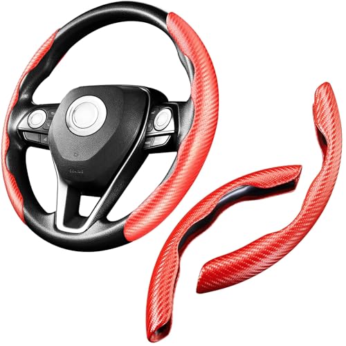 2 Pack Carbon Fiber Steering Wheel Cover Protector Anti-Skid Waterproof Durable Segmented Butterfly Design Car Interior Accessories Universal Fit Most Vehicle for Men and Women (Red) - color: Red 2 Pack