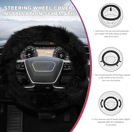 Fluffy Steering Wheel Cover, 15 Inch Anti-Slip Microfiber Plush Fuzzy Steering Wheel Cover, Winter Warm Elastic Fuzzy Steering Wheel Covers for Women and Men, Car Accessories (Black) - color: Black