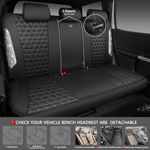 CAR PASS Bling Diamond Leather Car Seat Covers Full Seats Interior Sets, Waterproof Shining Glitter Sparkly Crystal Universal Armrest Fit Automotive Truck SUV Cute Women Girl, Black Silver Rhinestone - color: Silver Rhinestone, size: Full Set