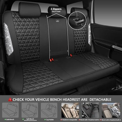 CAR PASS Bling Diamond Leather Car Seat Covers Full Seats Interior Sets, Waterproof Shining Glitter Sparkly Crystal Universal Armrest Fit Automotive Truck SUV Cute Women Girl, Black Silver Rhinestone - color: Silver Rhinestone, size: Full Set