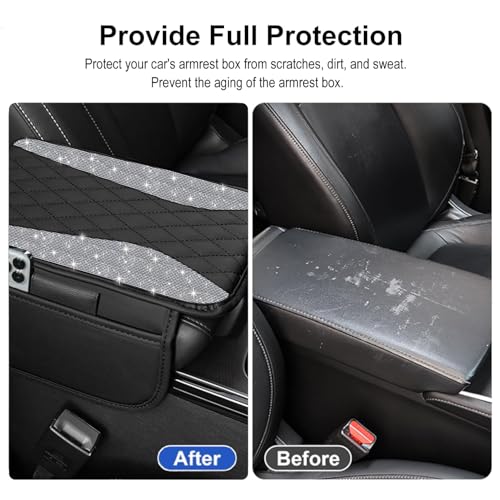 NBTEPEM Bling Car Center Console Cover, Leather Middle Console Cover with 2 Storage Bags, Universal Arm Rest Cover Protector, Bling Car Accessories Interior Fit for Most Vehicles, Silver Diamond
