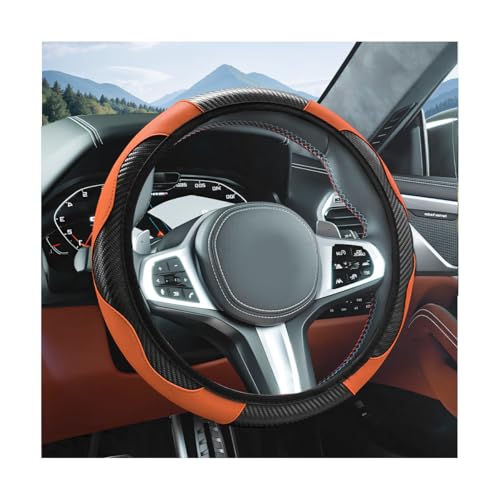 Elastic Car Steering Wheel Cover, Carbon Fiber Leather Automotive Wheel Protector, Anti-Slip Breathable Vehicle Interior Steering Accessories for Men Women, Universal Fit (Black/Orange) - color: Black/Orange