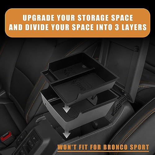 Center Console Organizer Compatible with 2021-2024 Ford Bronco(No for Sport) Accessories Bronco 2/4-Door Center Console Storage Box ABS Material with Leather Trim(V2_Black)Won't Fit 2025