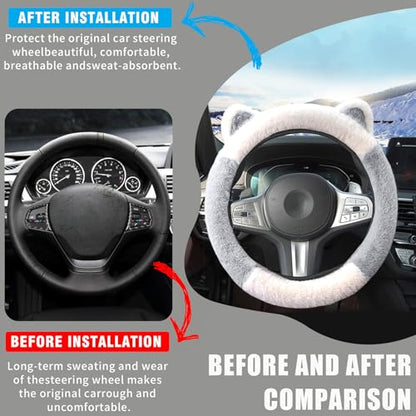 Car Steering Wheel Cover, Cute Steering Wheel Protector with Kitty Cat Ears,Fluffy Soft Plush for Winter Warm, Universal Fit 15 inches for Car,SUV, Elastic & Anti-Slip (White/Gray) - color: White/Gray