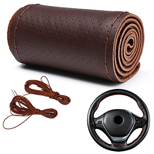 Car Steering Wheel Cover Universal Fit Round Stitch Steering Wheel Wrap Thin PU Leather Steering Wheel Cover Sewn on 15" Car Wheel (Coffee)